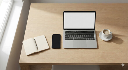 Minimal Workspace Desk with Laptop, Smartphone, and Notebook Top View