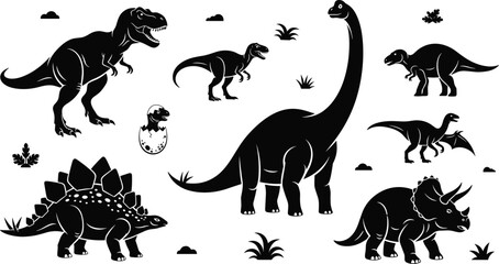 Black and white dinosaur silhouettes collection featuring T-Rex, Brachiosaurus, Stegosaurus, Triceratops, hatching baby egg, and prehistoric plants on white background. © Samina