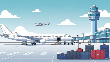 Airplane on tarmac with luggage and control tower nearby