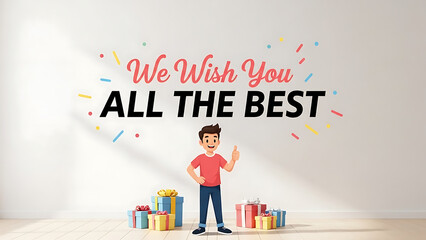 Cheerful man wishing you all the best with colorful gifts