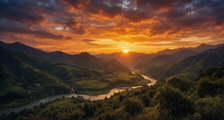 breathtaking mountain valley landscape with winding river at vibrant golden sunset in rural asia.