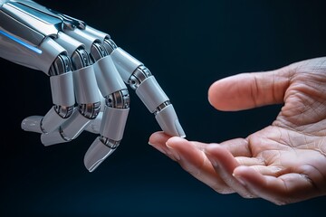 Human and Machine Hand in Reach: A symbolic composition showing the contrast of a human hand interacting with a robotic hand, fostering a narrative of technological advancement and human connection.
