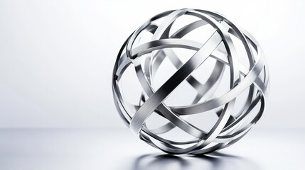 A precisely crafted interlocking metal sphere sculpture with intricate geometric design against a clean white background