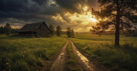 rustic barn and dirt road leading through a lush green field at sunset with dramatic sky.