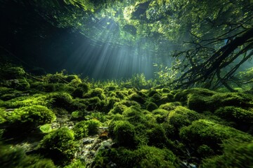 Fototapeta premium Sunlight streams through underwater mossy grotto
