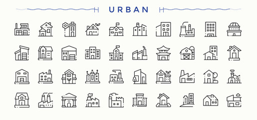 Urban vector line icon set. Urban icon set. Line symbol and sign. It contains symbols to building, cities, transport, town, transportation, city. Editable stroke. Vector collection.