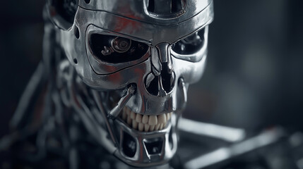 Fototapeta premium Detailed futuristic cyborg skull revealing advanced mechanical structure and artificial intelligence. 