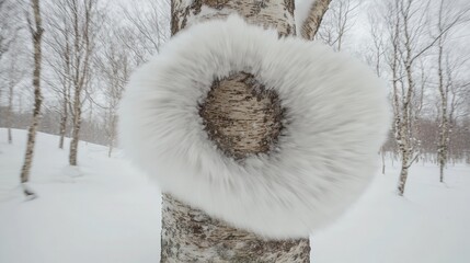 A swirling snow vortex forming around the textured bark of a barren birch tree in a wintry forest environment
