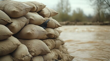 A tall protective barrier made of stacked sandbags stands against the rising muddy water of a river