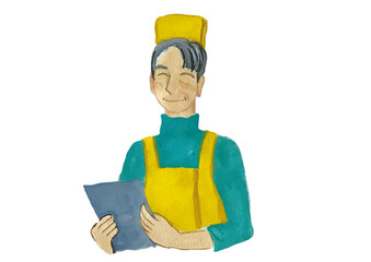 メニューを持っている笑顔の黄色いエプロンをして帽子を被ったシニアの男性店員