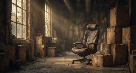 abandoned office chair amidst cardboard boxes in a derelict warehouse with dusty light rays