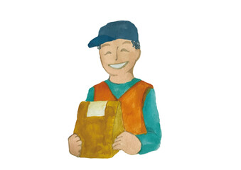 荷物を配達する笑顔のシニアの男性配達員