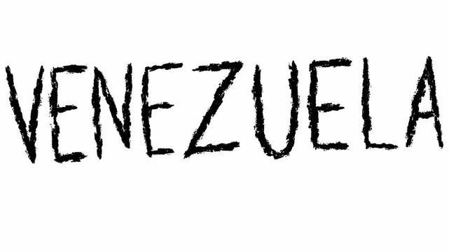 Handwritten animated lettering Venezuela title, rough ink strokes and charcoal texture in seamless loop, bold monochrome typography evokes protest poster and cultural identity, ideal for documentary