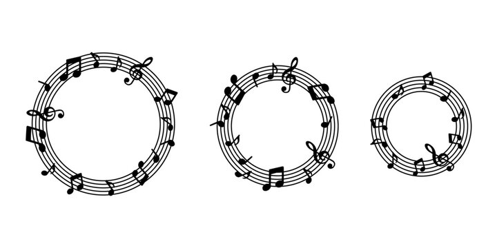 Circular Musical Staff Vector Set &ndash; Three Creative Round Music Notation Designs with Notes and Treble Clefs
