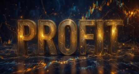 glowing golden profit text with stock market chart background for finance and investment concepts.