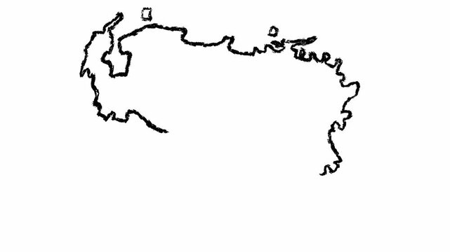 Venezuela outline sketch on white background, minimal handdrawn border silhouette with clear coastline contours, rough pen strokes and uneven line weight, isolated composition ideal for education,