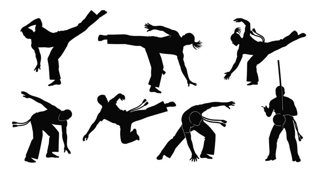 set of capoeira fight, silhouette, flat design, isolated on white