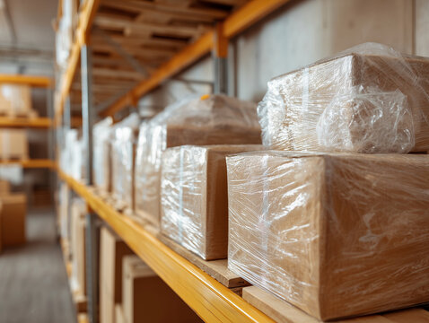 Stacked cardboard boxes in a realistic style brown and yellow tones representing organized warehouse storage