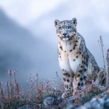 Endangered snow leopard with striking blue eyes