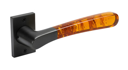 Elegant door handle with ambercolored acrylic grip isolated on white background