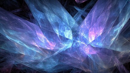 Abstract depiction of overlapping translucent geometric forms in vibrant blue and purple light with a flowing ethereal pattern