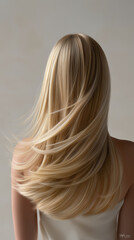 Naklejka premium Back view portrait of a blonde woman with smooth hair against a clean neutral background. 