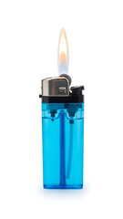 Blue disposable lighter with a flame burning brightly against a white background