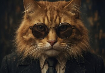 a majestic ginger cat wearing sunglasses and a suit, embodying a confident and sophisticated business professional.