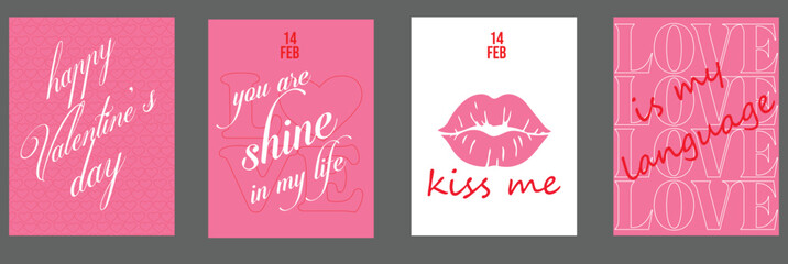 Collection of four romantic and playful valentine greeting card designs featuring pink and white typography elements