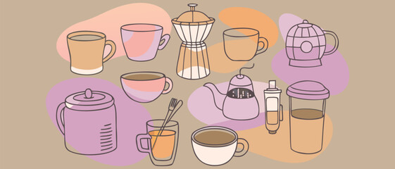 Vintage vector illustration set of cosmetic products and breakfast kitchen icons featuring a coffee mug tea cup and cake pattern design for a cafe restaurant menu