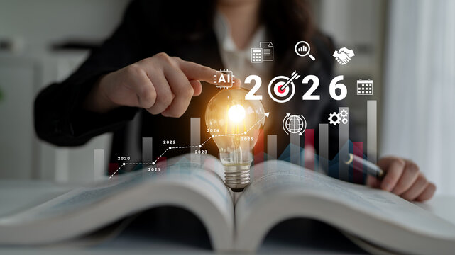 Bar graphs, charts, and number 2026 with AI and data analysis icons symbolizing future business innovation and analytics Parse - Powered by Adobe