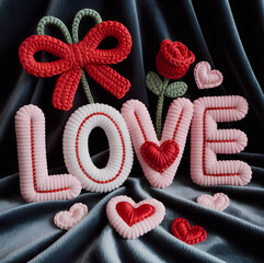 LOVE Word Made of Crochet Yarn with Heart Decorations.