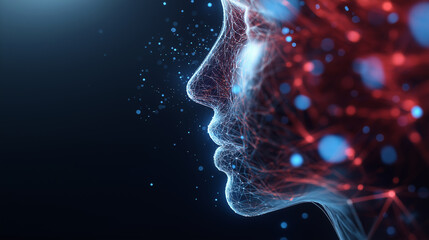Side profile of a human face formed by glowing digital particles symbolizing artificial intelligence and consciousness.
