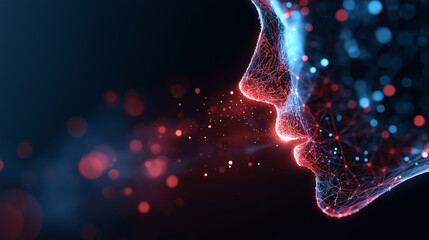 Side profile of a human face formed by glowing digital particles symbolizing artificial intelligence and consciousness.
