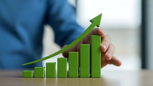 Hand touching green 3D bar chart with upward arrow on a table 3D bar chart growth - Powered by Adobe