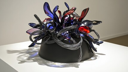 An abstract glass and metal sculpture featuring swirling vibrant colors and intricate wirework rising from a dark base