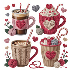 Cute Crochet Mug Collection with Heart Details.
