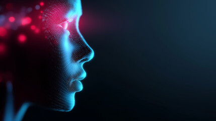 Human side profile illuminated by digital laser light representing biometric scanning and AI analysis.
