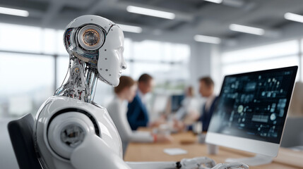 Humanoid robot collaborating with human colleagues in a modern office during a business meeting.
