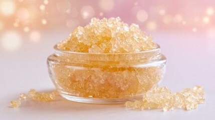 Body scrub in glass jar for glowing skin