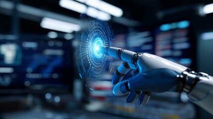Robotic hand touching a glowing AI interface symbolizing advanced digital intelligence and automation.
