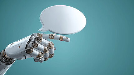 Robotic hand pointing at a speech bubble representing digital communication and AI assistance.
