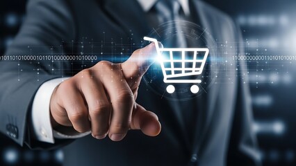 Businessman interacting with digital shopping cart suit hand
