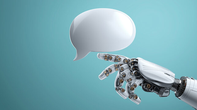 Robotic hand pointing at a speech bubble representing digital communication and AI assistance.
 - Powered by Adobe