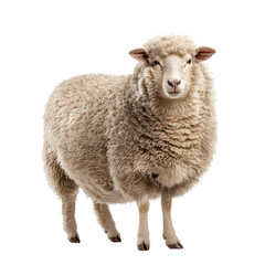 Fototapeta premium Fluffy white sheep standing alone on black background