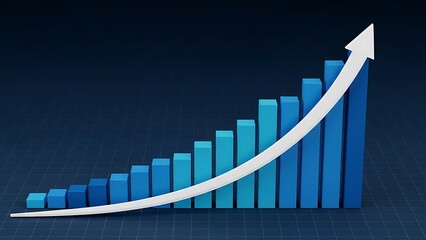 Blue 3D bar chart with white upward trend arrow on dark background