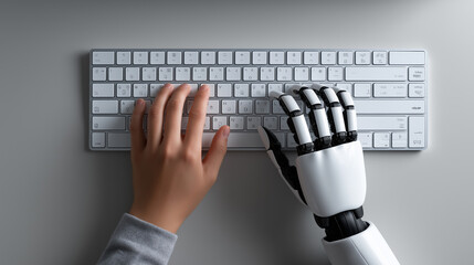 Human hand and robotic hand typing on a keyboard representing human and AI collaboration.

