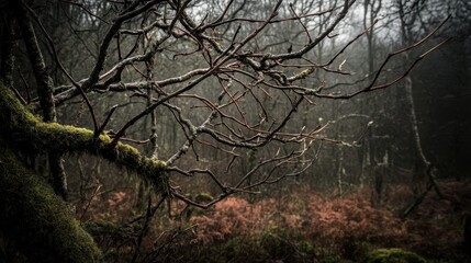 Bare Gnarled Branches of Leafless Trees Clinging with Moss in a Moody Forest Landscape