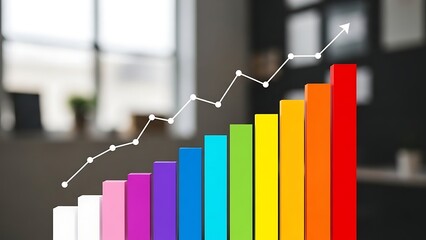 Colorful bar graph with line chart and arrow growth business