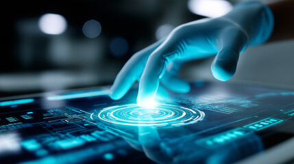 Human finger interacting with a glowing digital interface representing futuristic technology.
